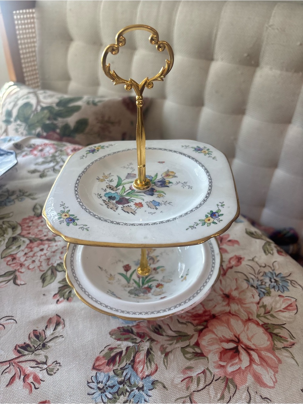 Gold-Trim Floral Two-Tier Serving Stand or jewelry holder soap- White